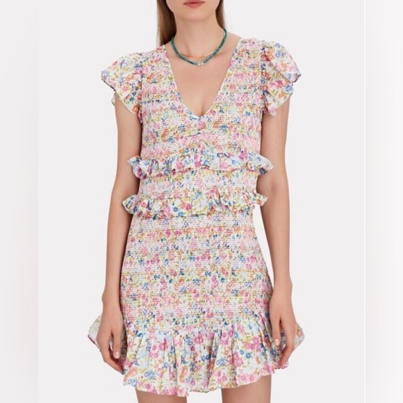 LoveShackFancy Floral Mini Dress Ruffle Cottagecore Pink Romantic Sundress - Picture 2 of 7